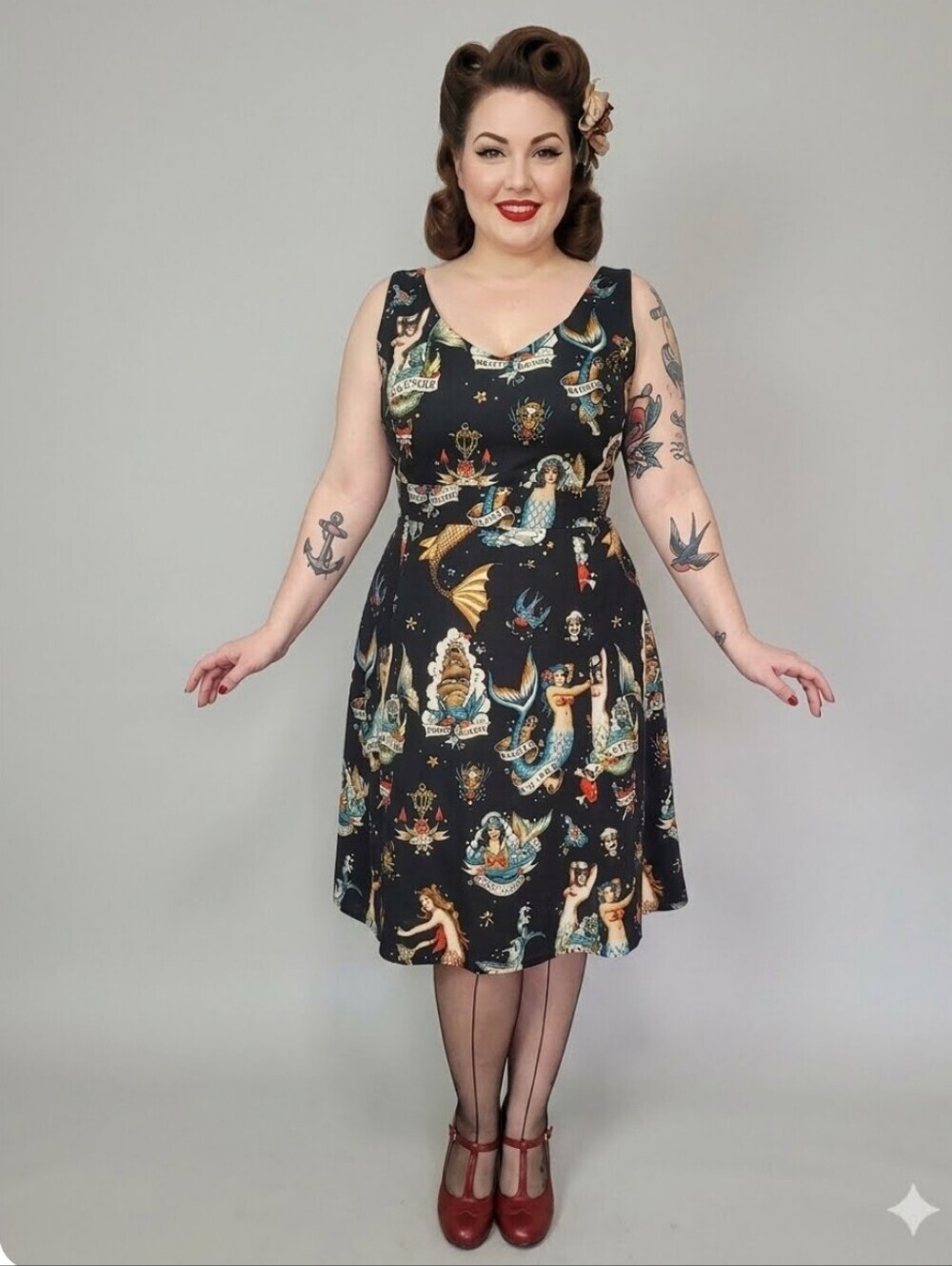 Cherry Velvet Angelina Dress In Sink Or Swim Print, VGUC, Size 1X